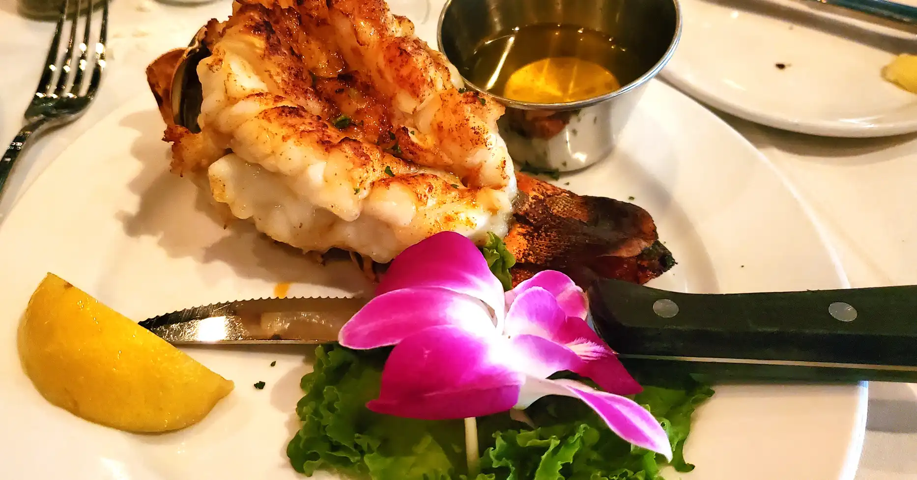 Elegant plate of lobster tail entree on table with beautiful flower as a garnish
